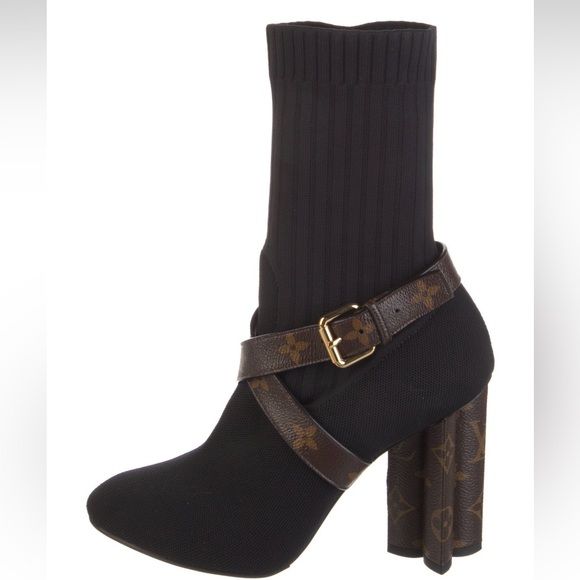 Louis Vuitton Shoes - LOUIS VUITTON Silhouette Knit Ankle Sock Boot Brown Monogram Flower Heel 37.5